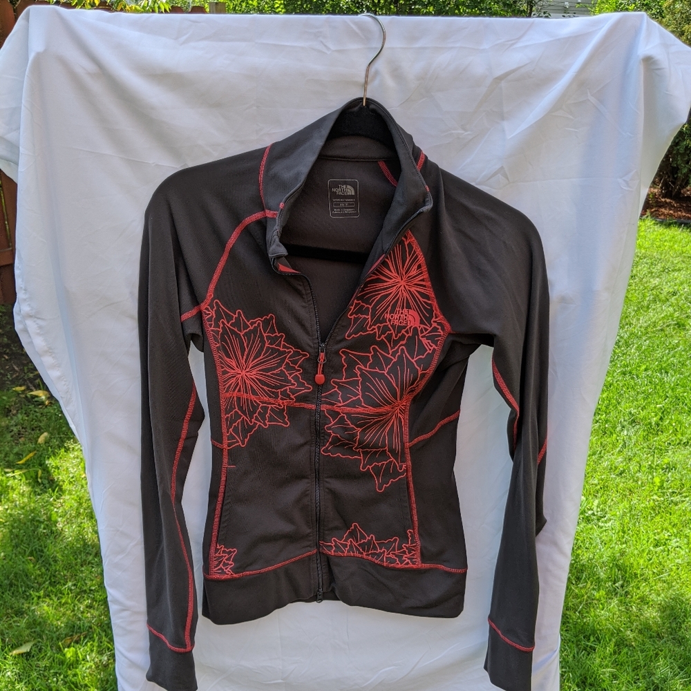 North Face athletic dual zip-up gray w/pink floral